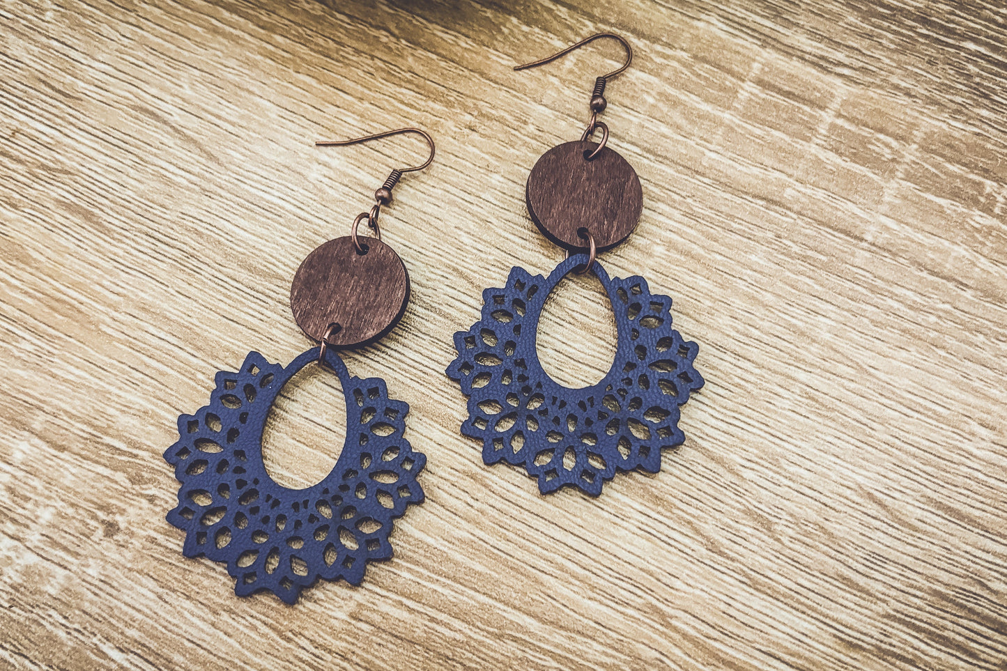 Beautiful Blue Wood and Leather  Earrings