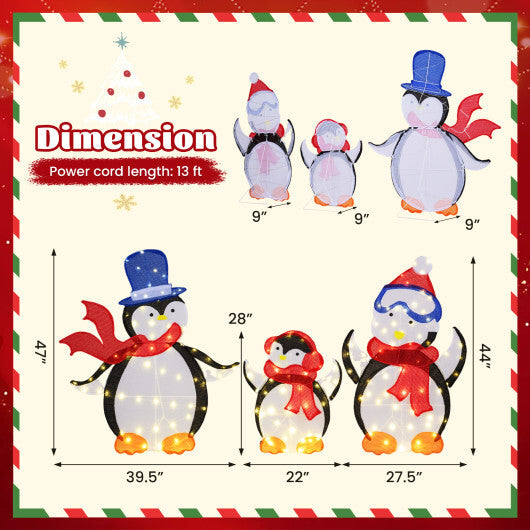 3-Piece 2D Lighted Penguin Family Christmas Decoration with 160 LED Lights