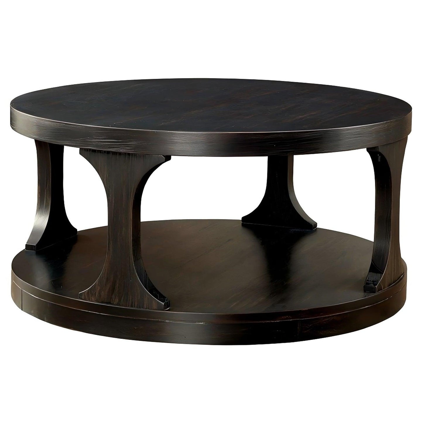 18"H Antique Black Round Structure Coffee Table with Open Shelf