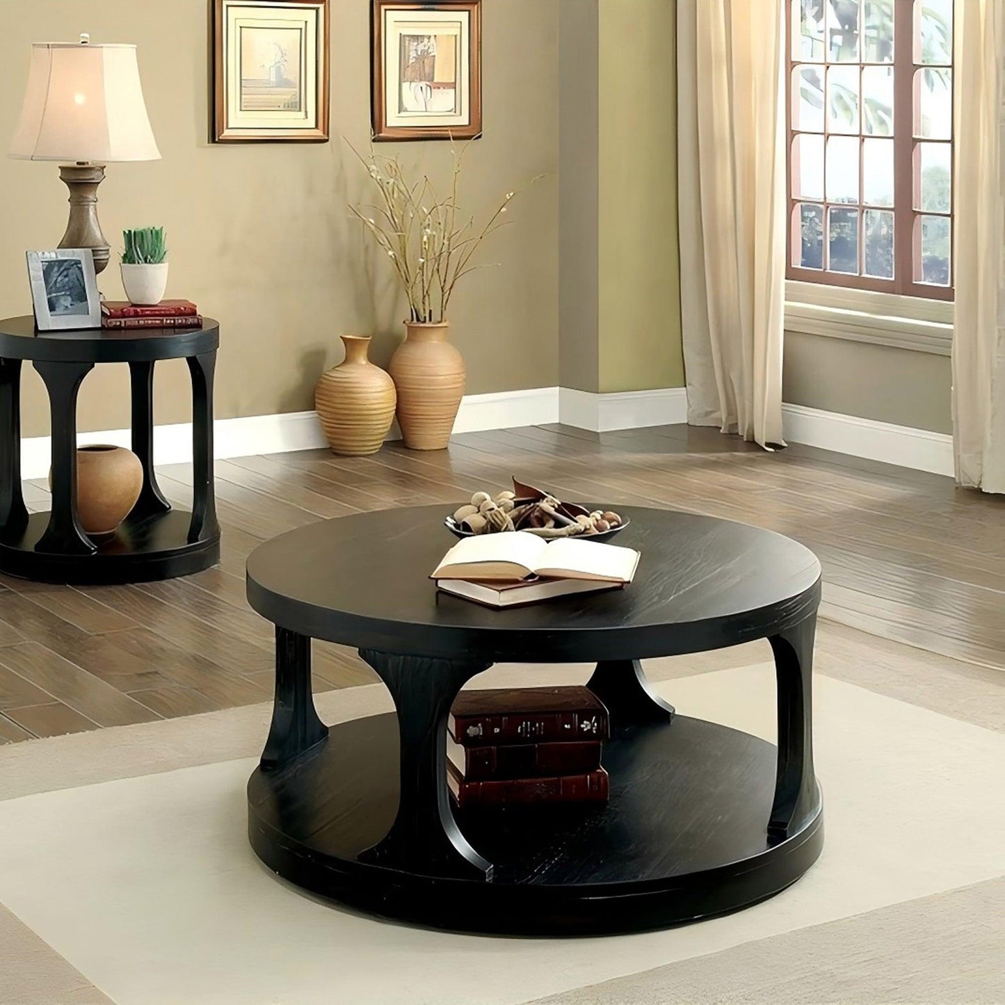 18"H Antique Black Round Structure Coffee Table with Open Shelf