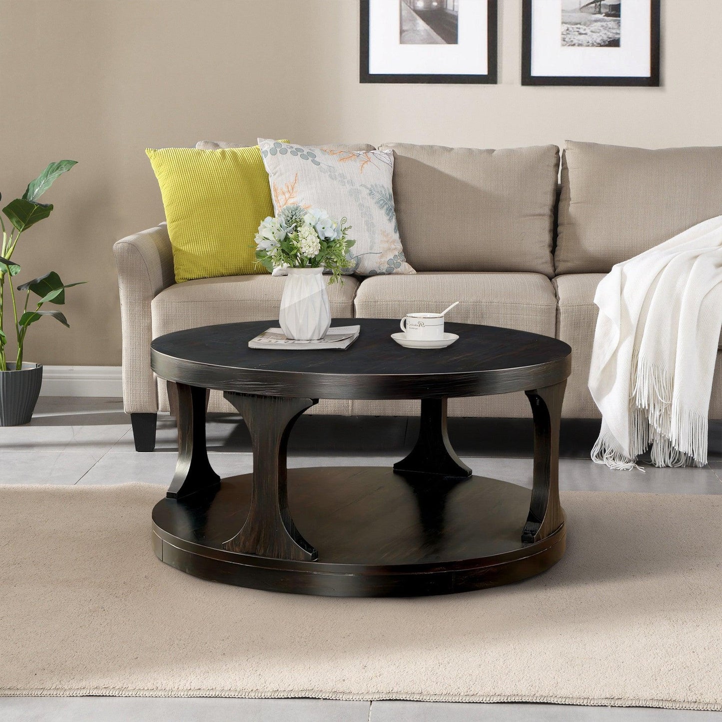 18"H Antique Black Round Structure Coffee Table with Open Shelf