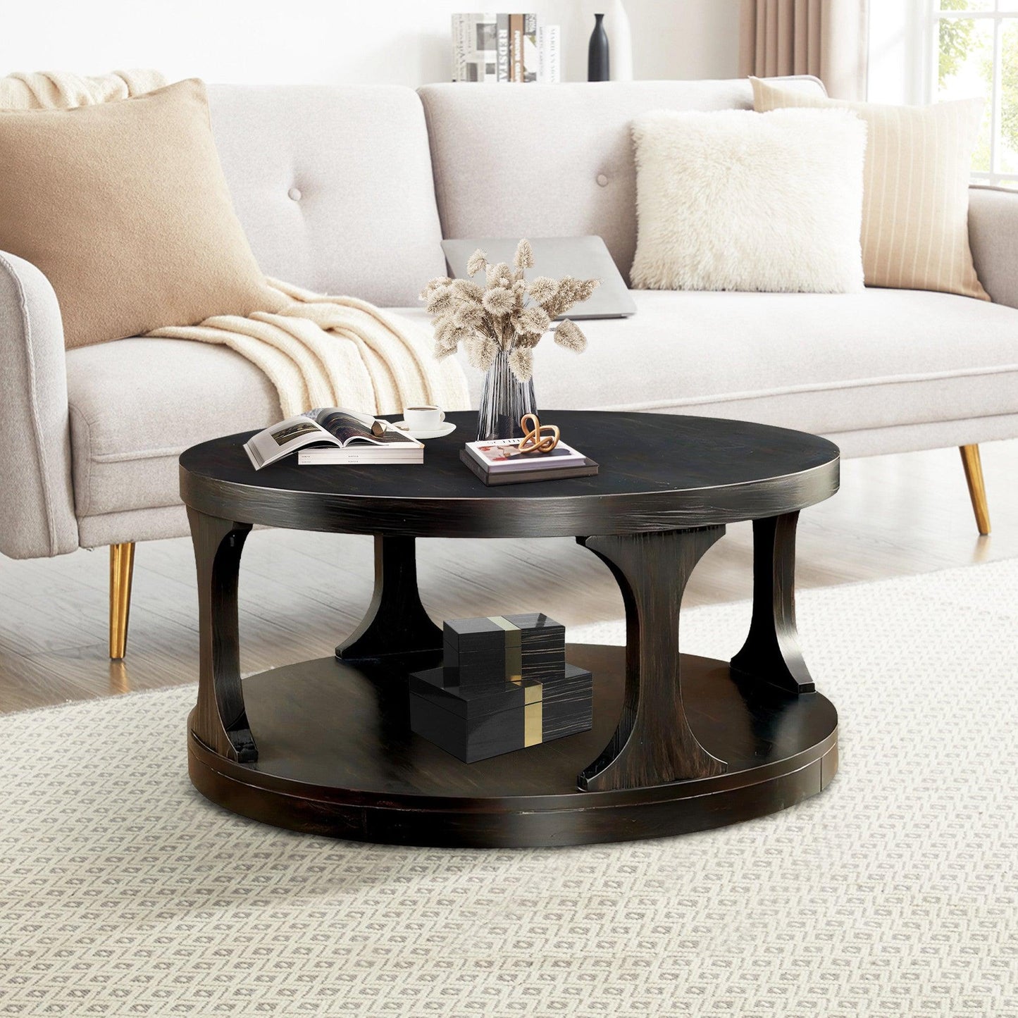 18"H Antique Black Round Structure Coffee Table with Open Shelf