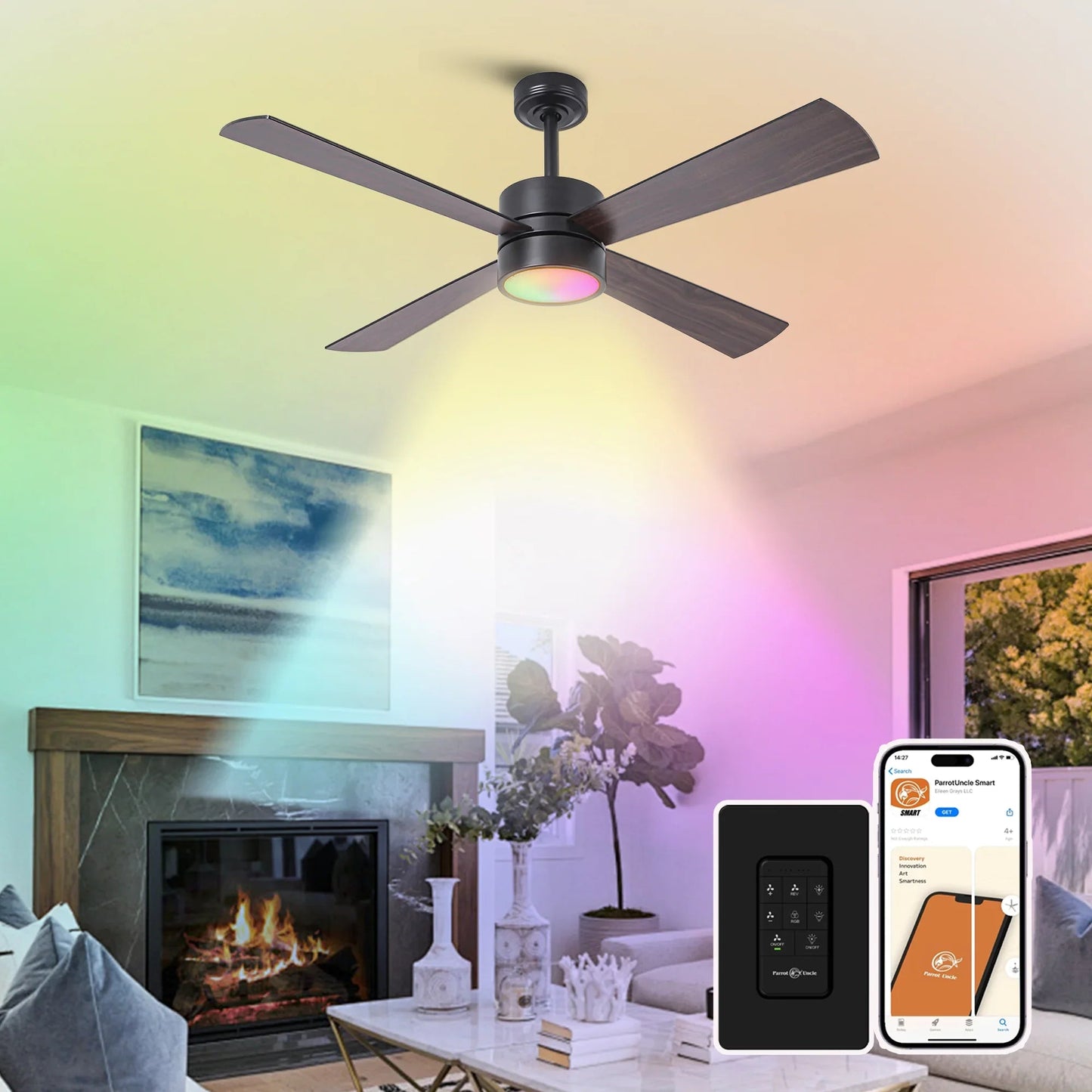 52 Inch Bucholz Industrial Dimmable RGB LED Ceiling Fan with Remote and APP Control