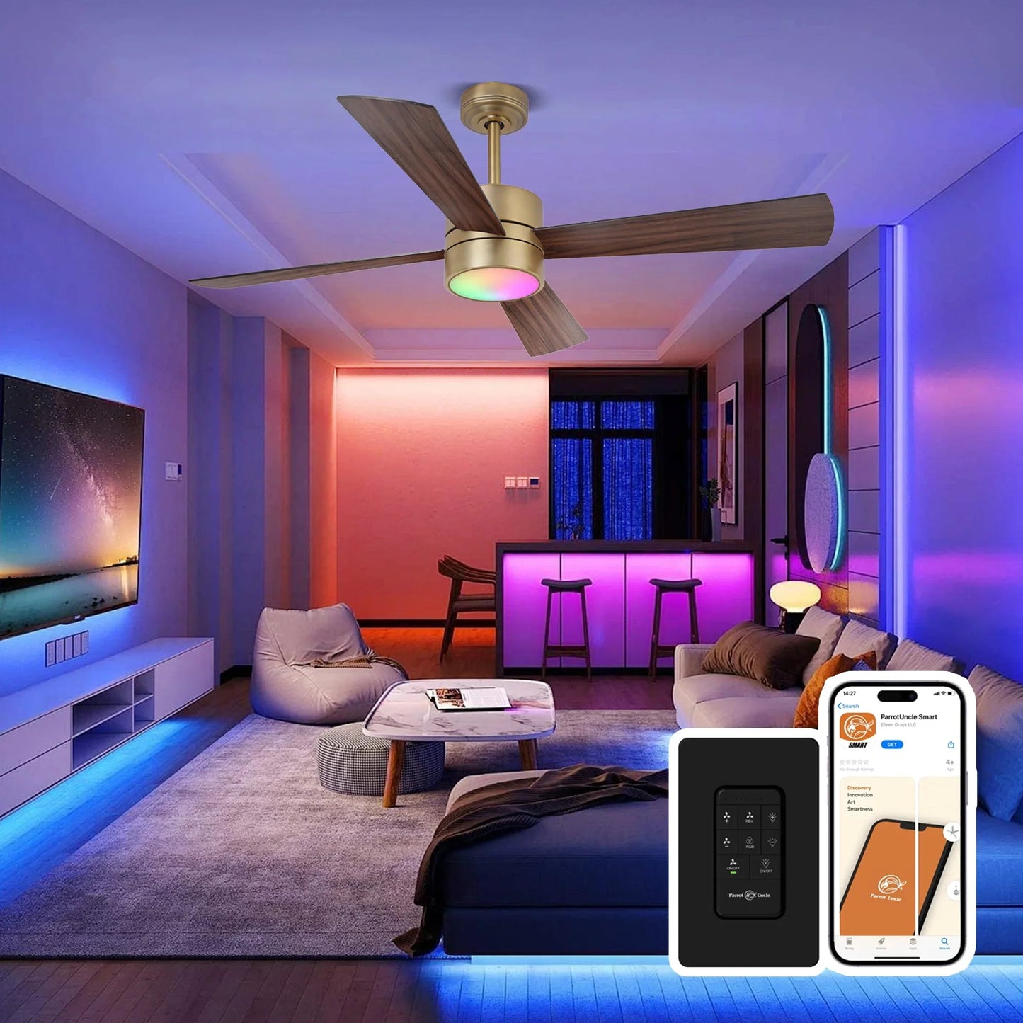 52 Inch Bucholz Industrial Dimmable RGB LED Ceiling Fan with Remote and APP Control