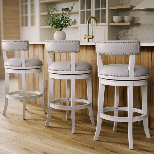 Morehead Stool in White with Gray Seat displayed in a modern kitchen setting with wooden flooring.