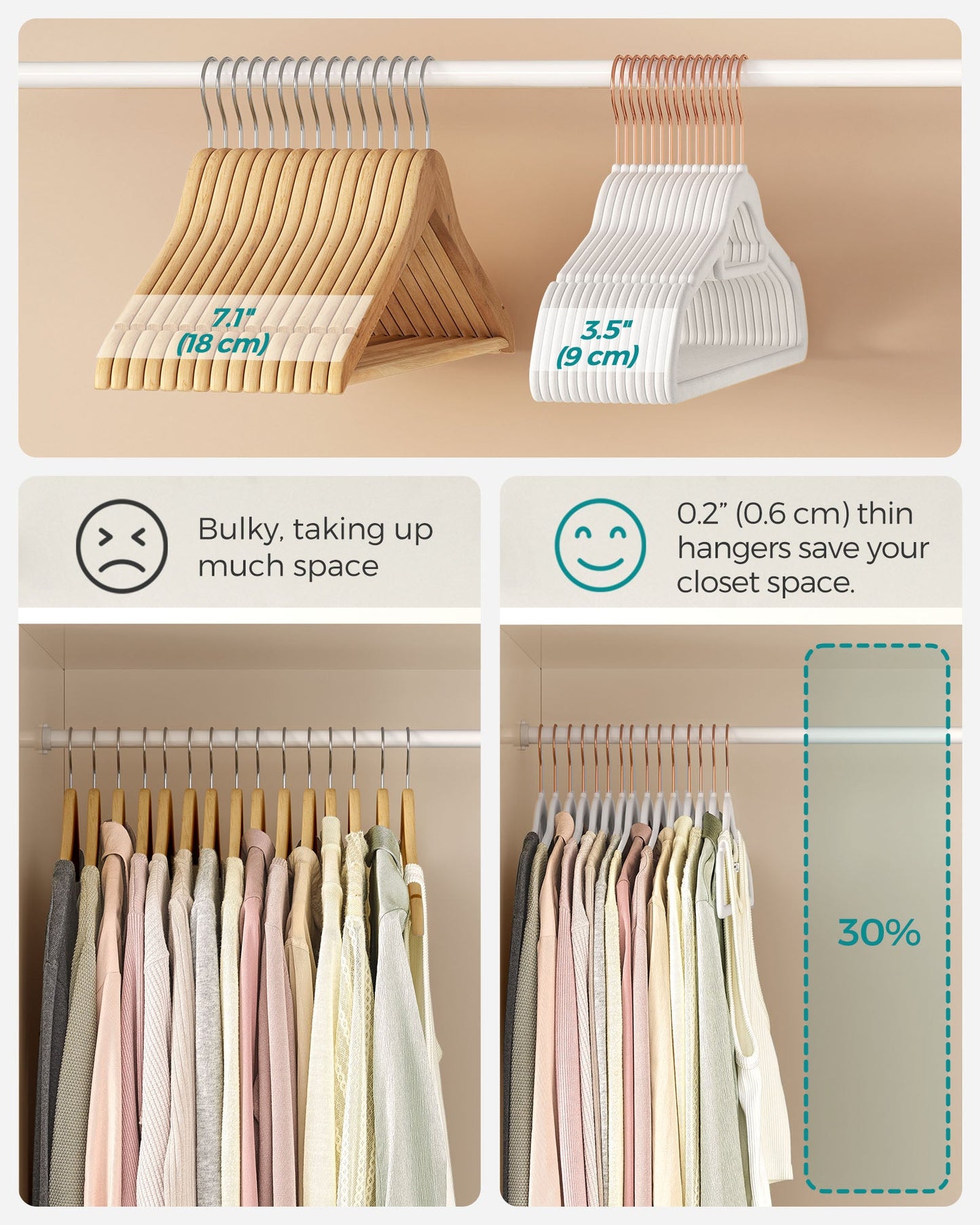 Set of 60 Clothes Hanger with Rose Gold Swivel Hook