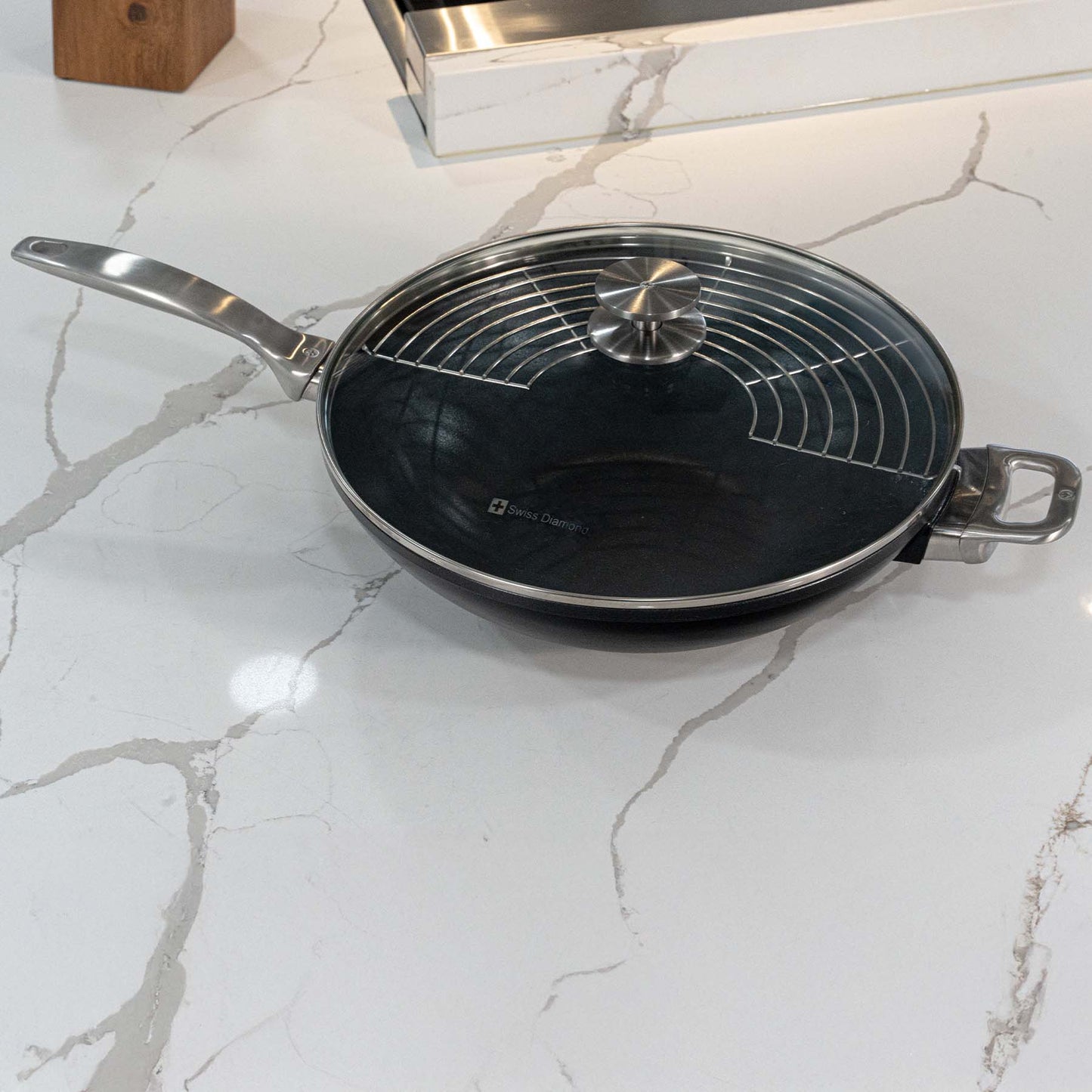 CXD PFAS Free Nonstick Wok with Lid and Rack - 12.5" (32 cm), 5.3 QT (5 L) on a marble countertop.