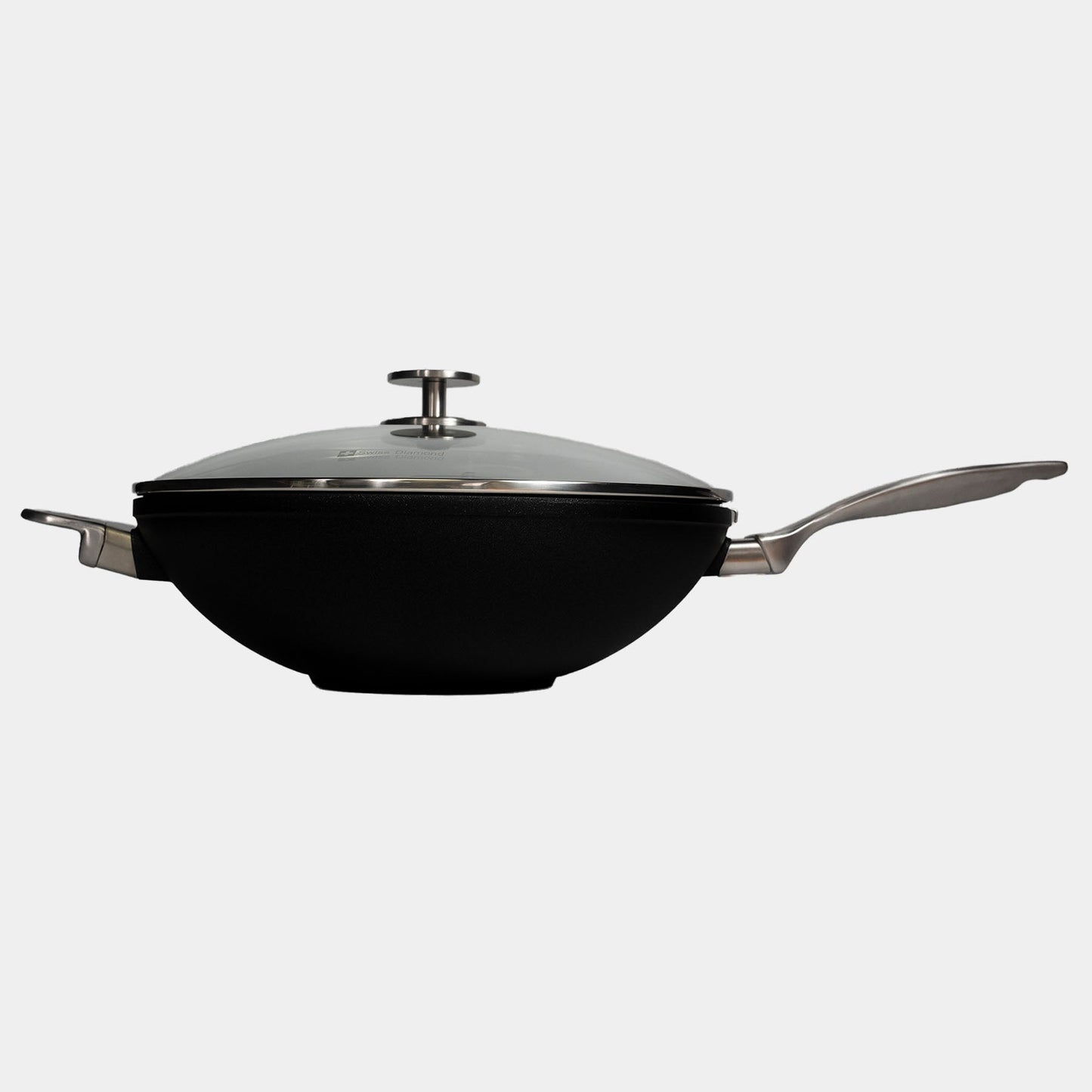 CXD PFAS Free Nonstick Wok with Lid and Rack - 12.5" (32 cm), 5.3 QT (5 L) in black with stainless steel handle.