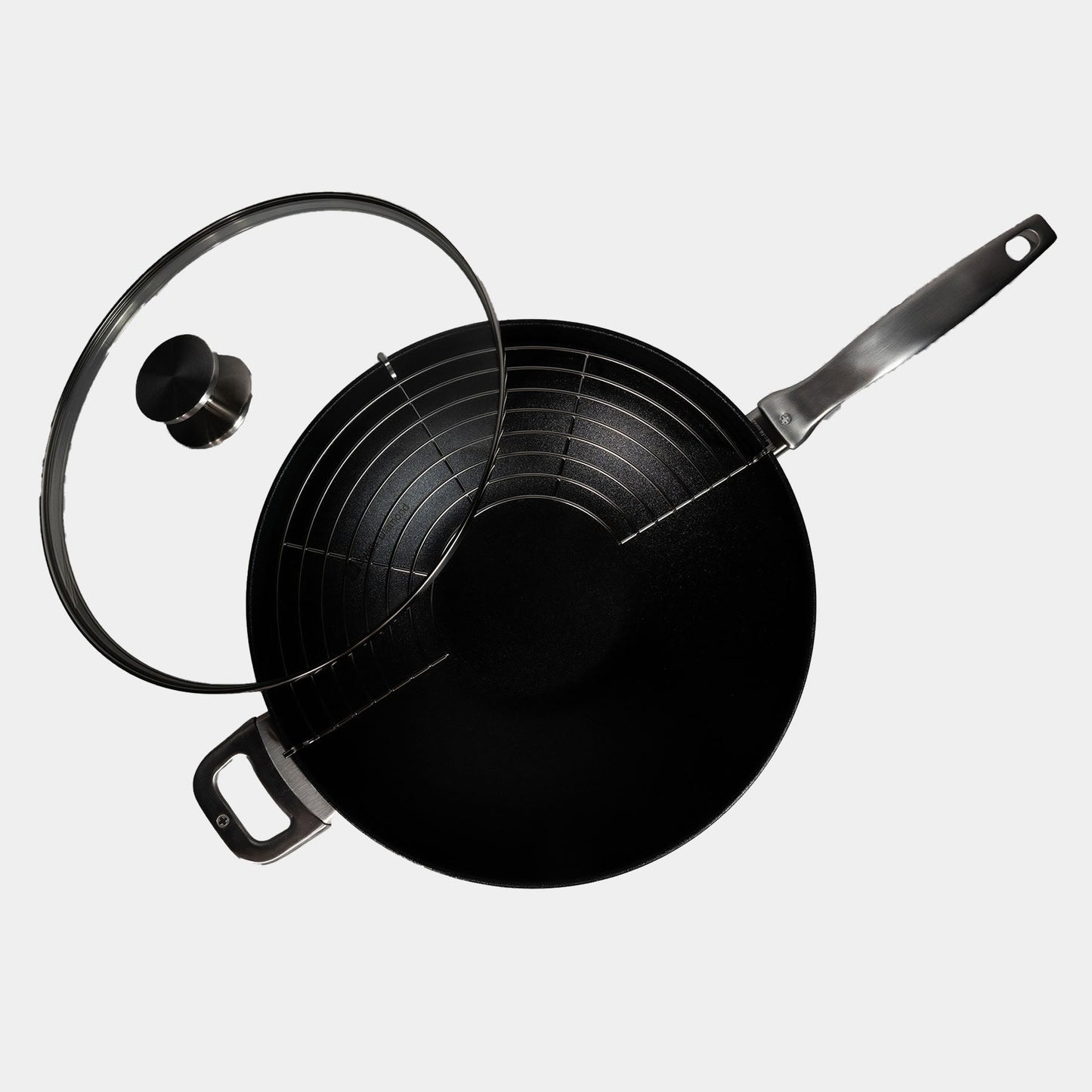 CXD PFAS Free Nonstick Wok with Lid and Rack - 12.5" (32 cm), 5.3 QT (5 L) top view showing ergonomic design and durable materials.