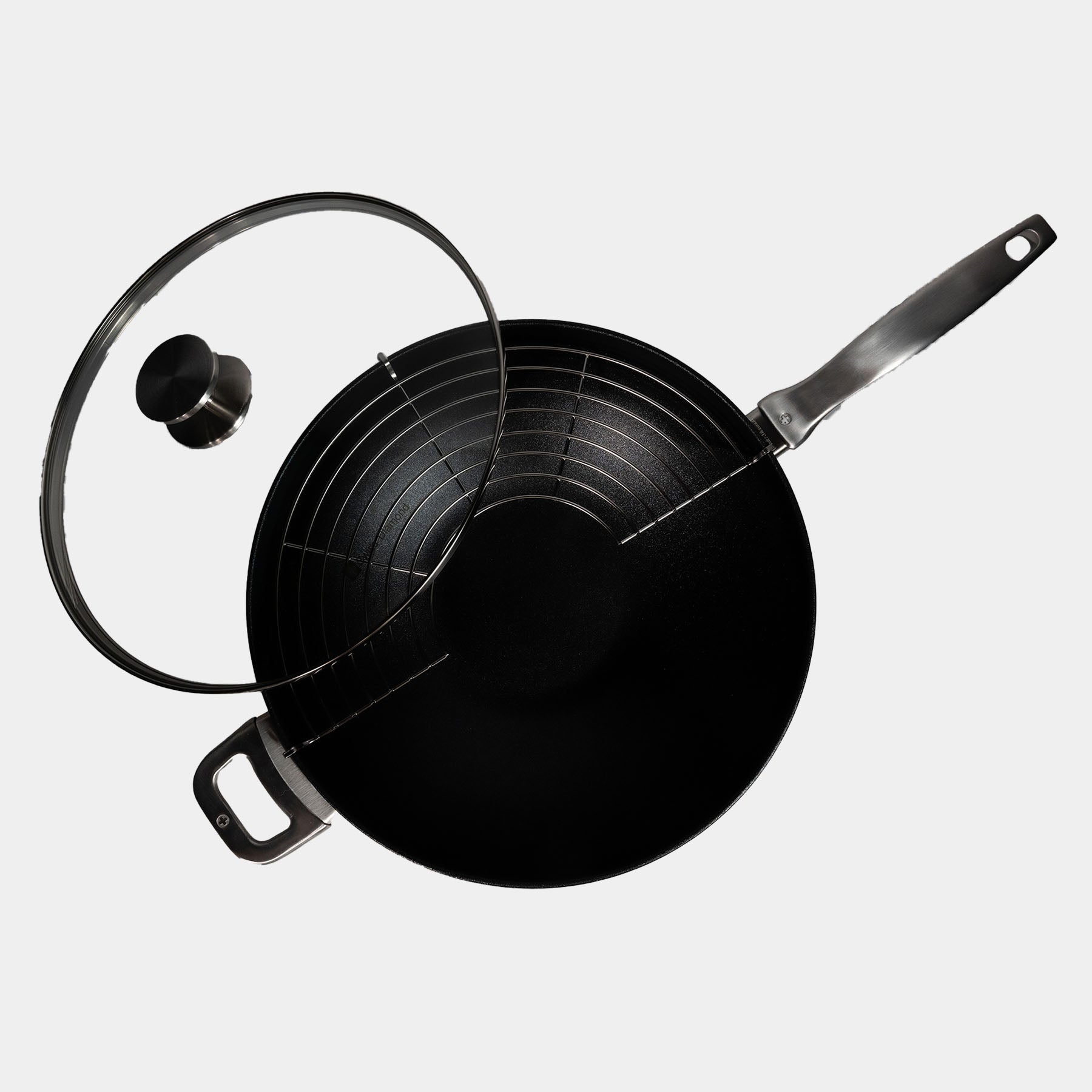 CXD PFAS Free Nonstick Wok with Lid and Rack - 12.5" (32 cm), 5.3 QT (5 L) top view showing ergonomic design and durable materials.
