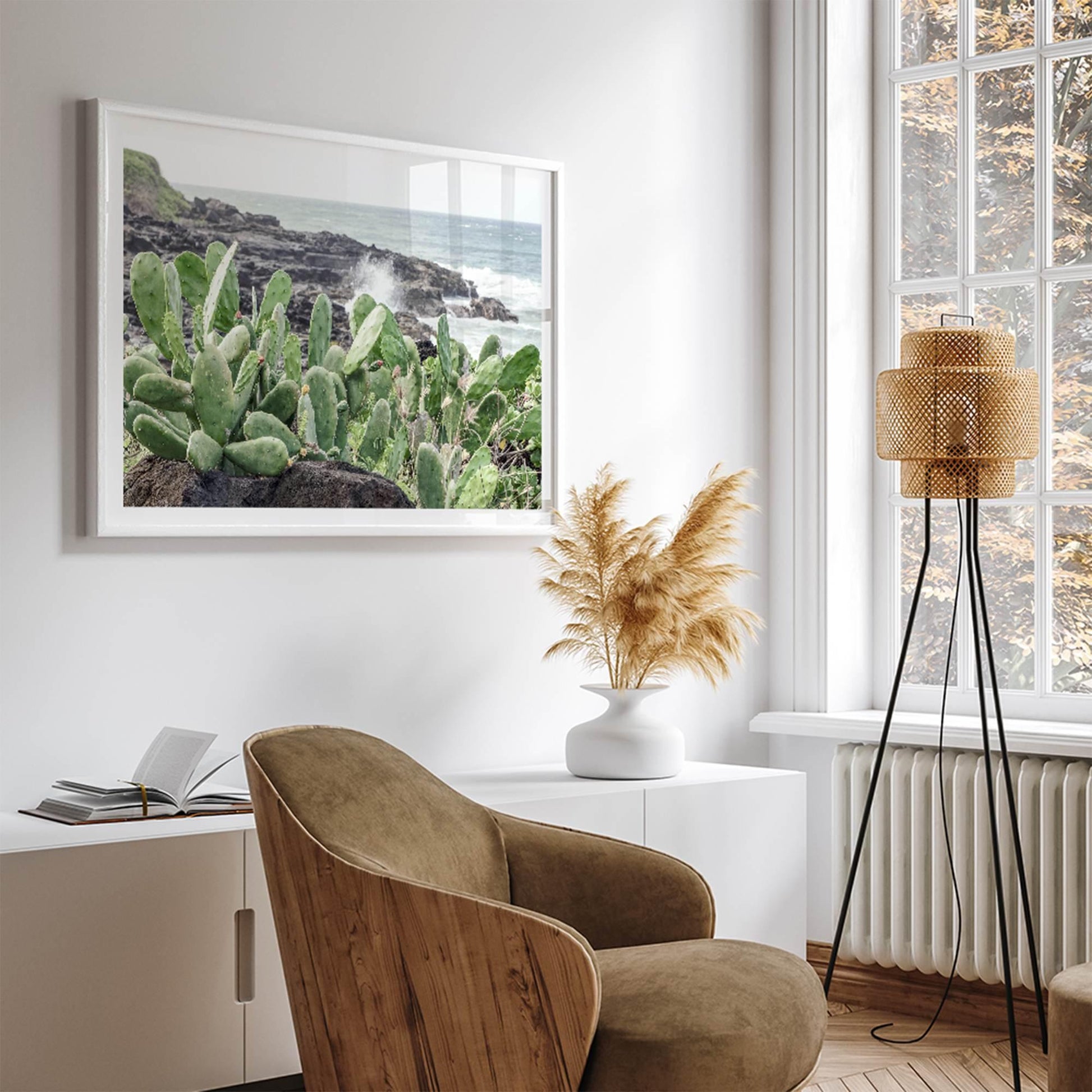 Coastal Cactus wall art showing green cacti on rocky Kauai shores with crashing ocean waves, adding a tropical touch to a modern room.