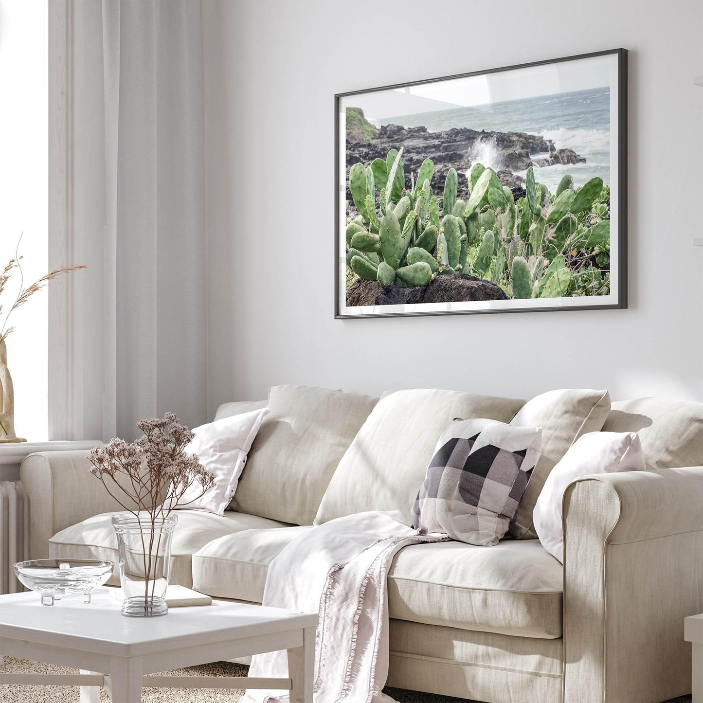Coastal Cactus wall art print featuring green cacti on volcanic rocks with crashing ocean waves from Kauai.