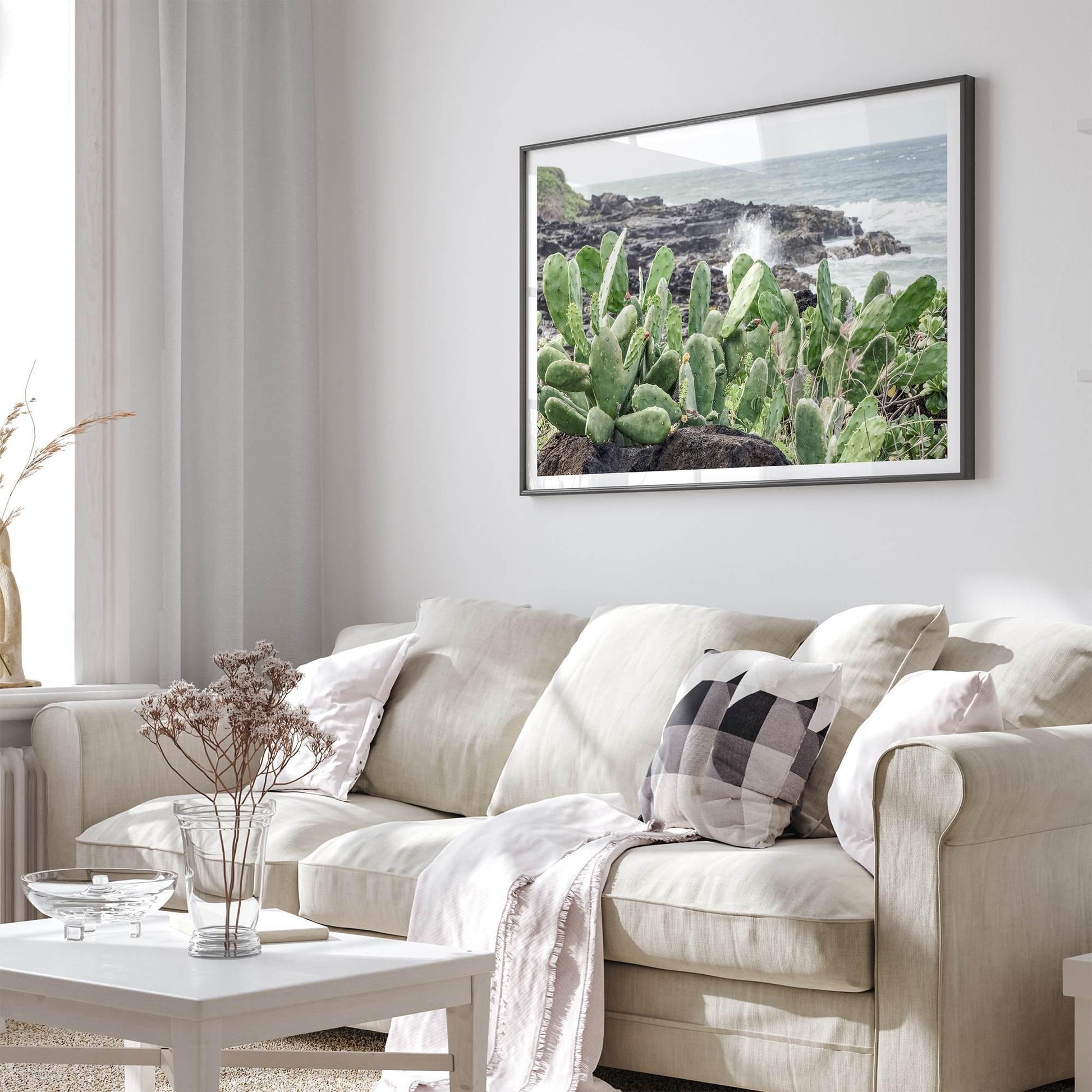 Coastal Cactus wall art print featuring green cacti on volcanic rocks with crashing ocean waves from Kauai.