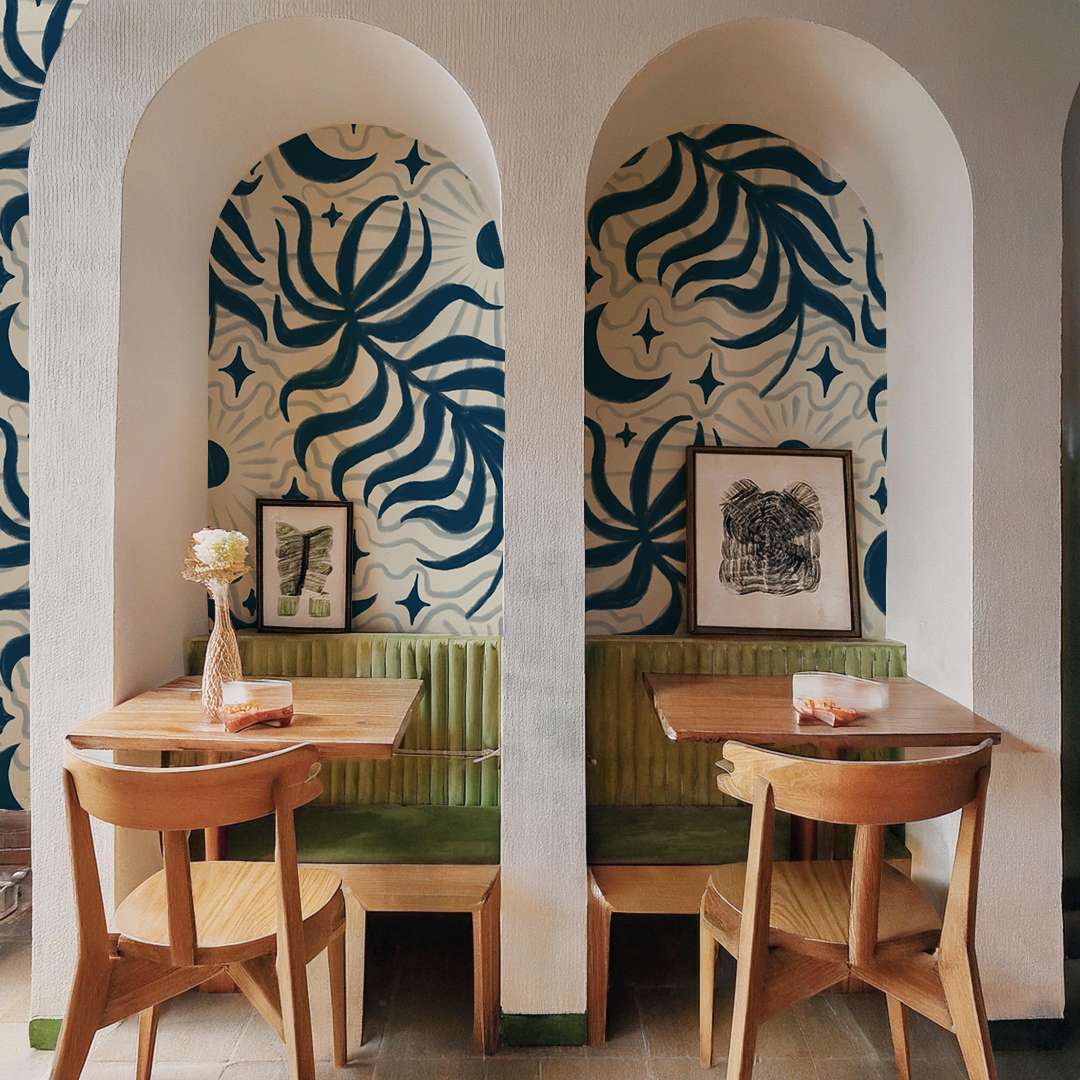 Lunar Leaf Wallpaper, beige and navy