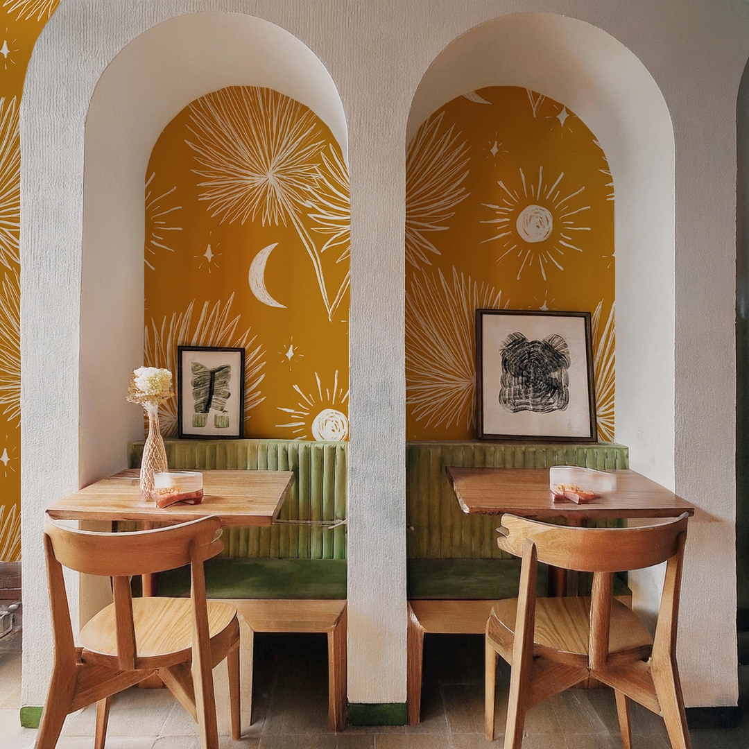 Night Palm Wallpaper, marigold and white