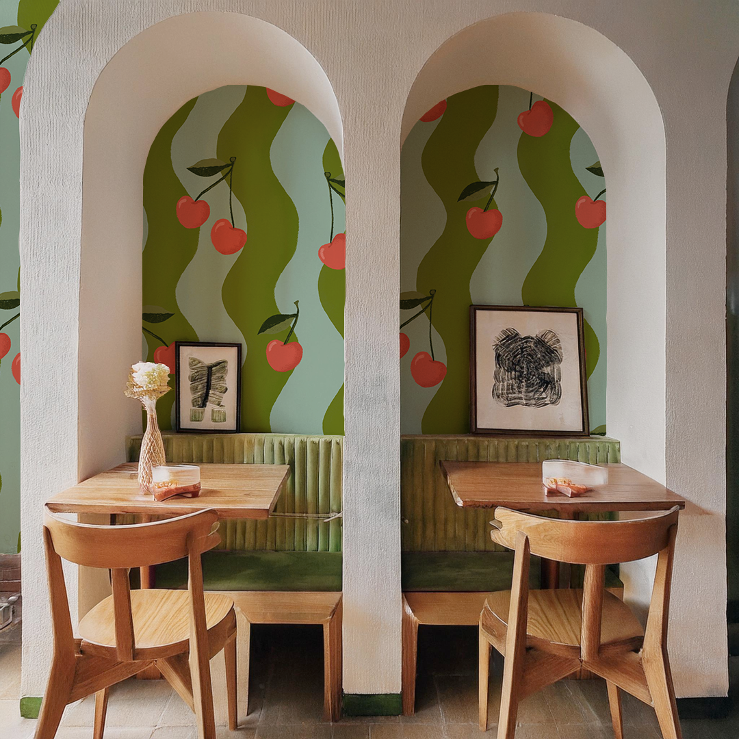 Wavy Cherry Wallpaper, teal and green
