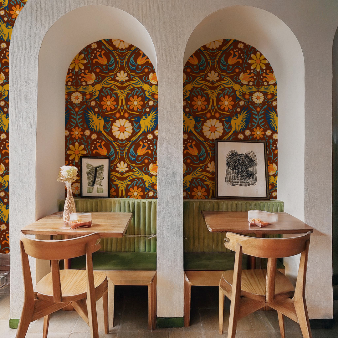 Folkie Birdie Wallpaper, rust, merigold & blue