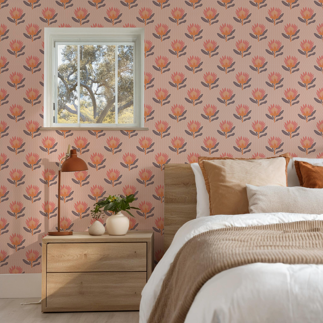 King Protea Wallpaper, coral and orange