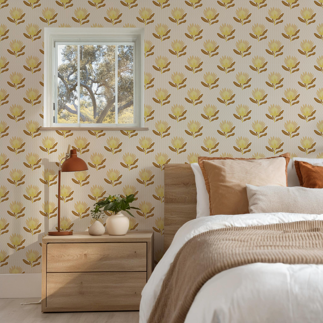 King Protea Wallpaper, neutral and brown mustard