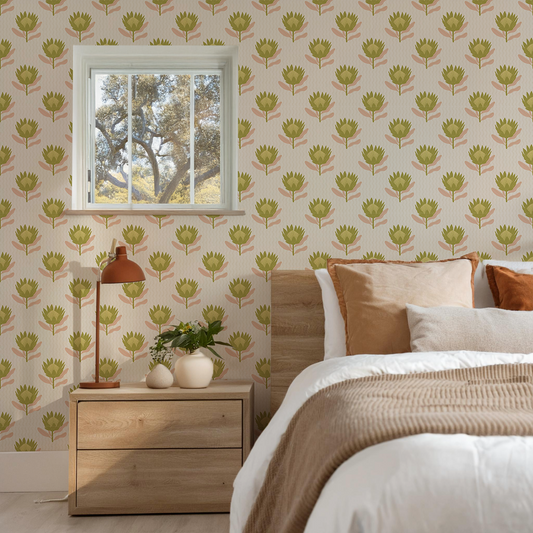 King Protea Wallpaper, tan and olive