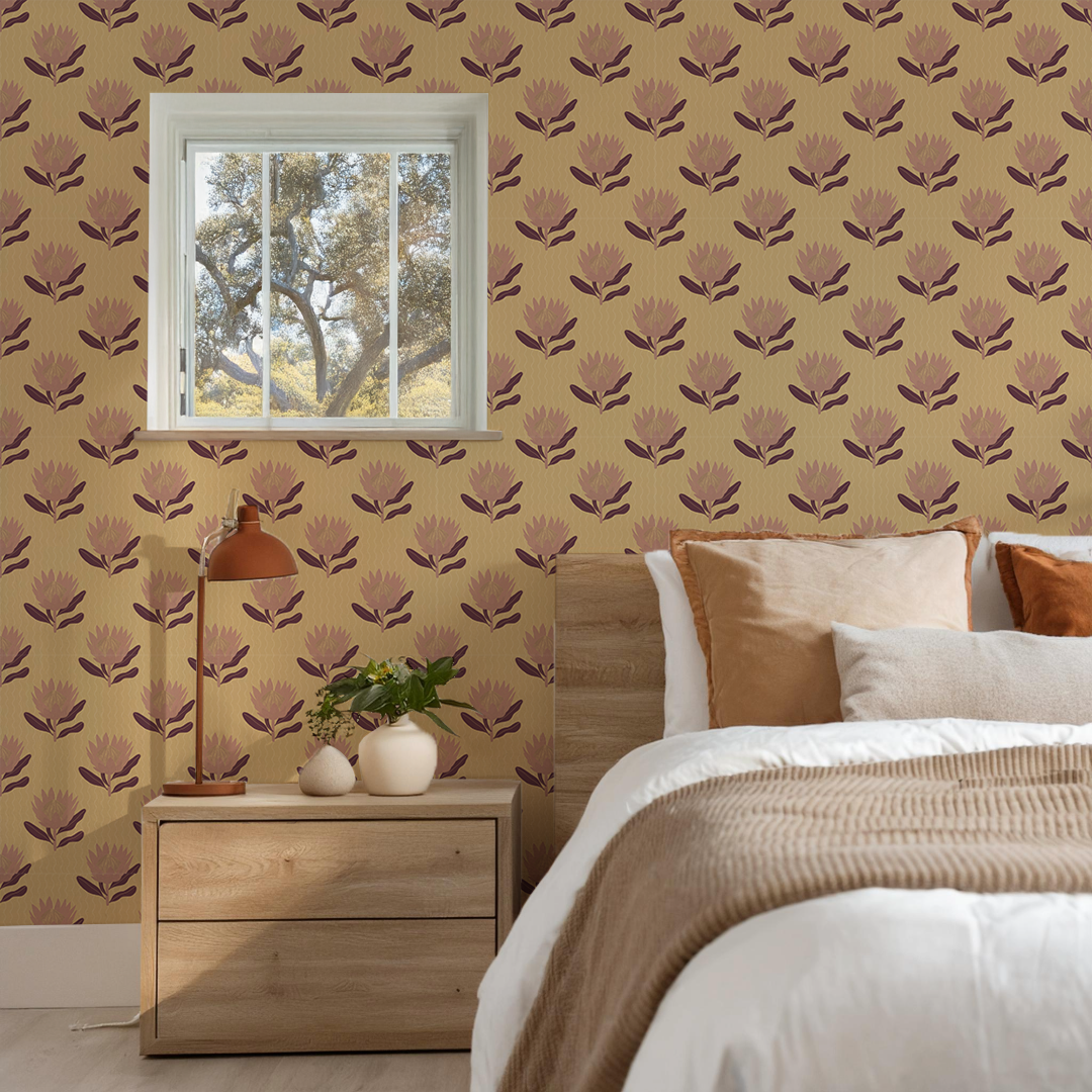 King Protea Wallpaper, butter yellow and mauve