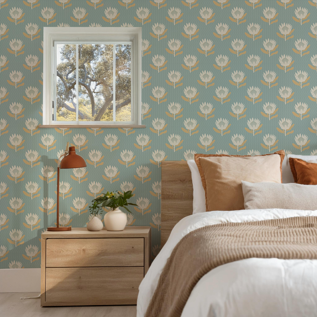 King Protea Wallpaper, light blue and apricot