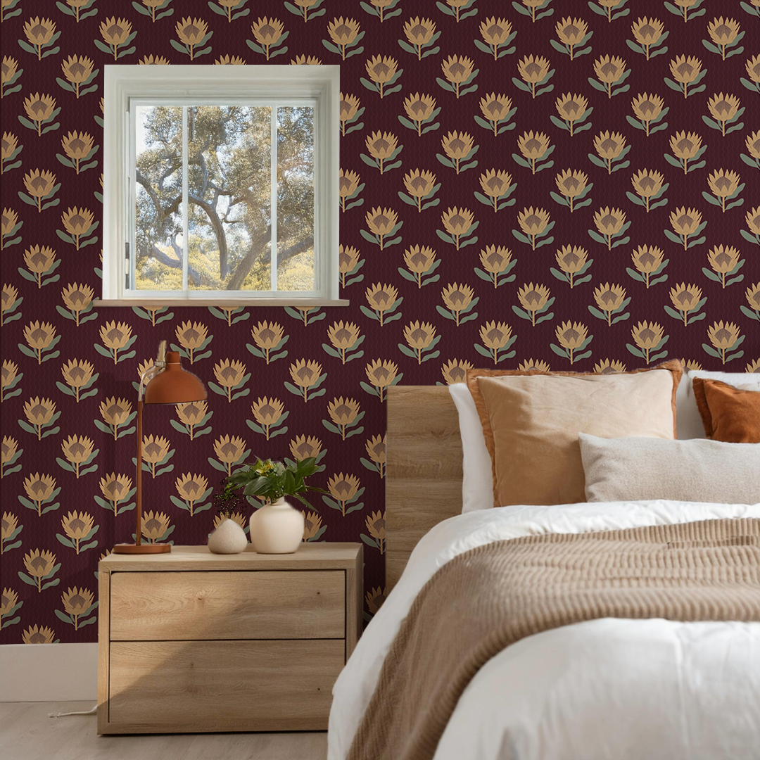 King Protea Wallpaper, dark plum and butter yellow