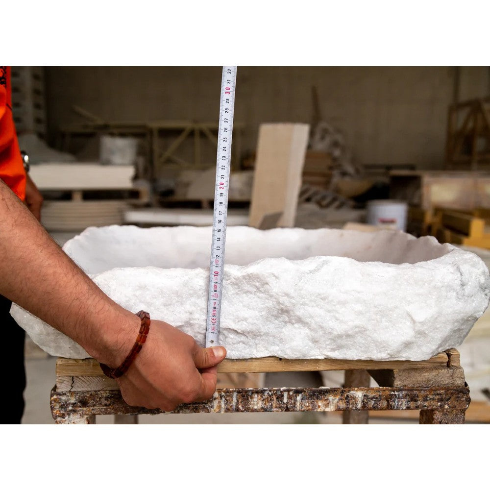 Carrara Marble Rustic Natural Stone Vessel Sink Polished Interior Hand Chiseled Exterior (W)16" (L)22" (H)5"