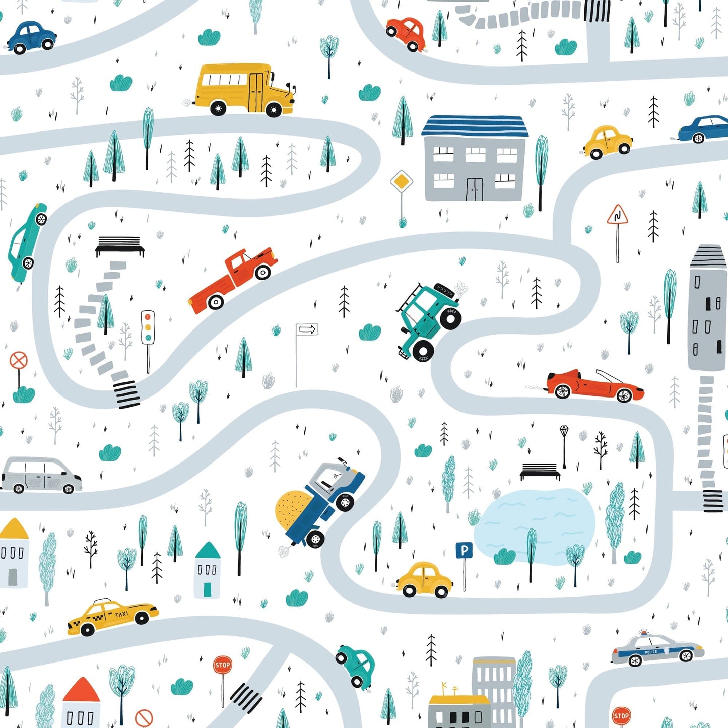 Playroom Wallpaper for Boy's Room | Cars, Roads, Houses
