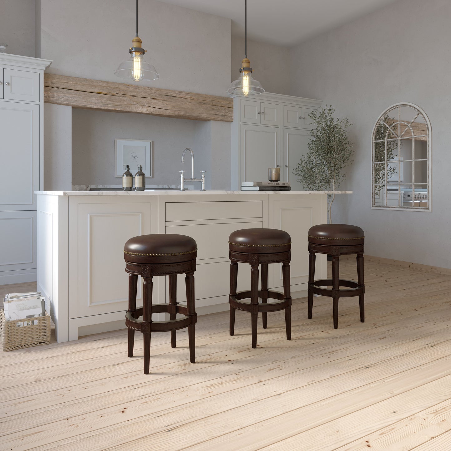 Backless Charlotte Barstool in Distressed Walnut set against a stylish kitchen island with wooden floors and pendant lighting.