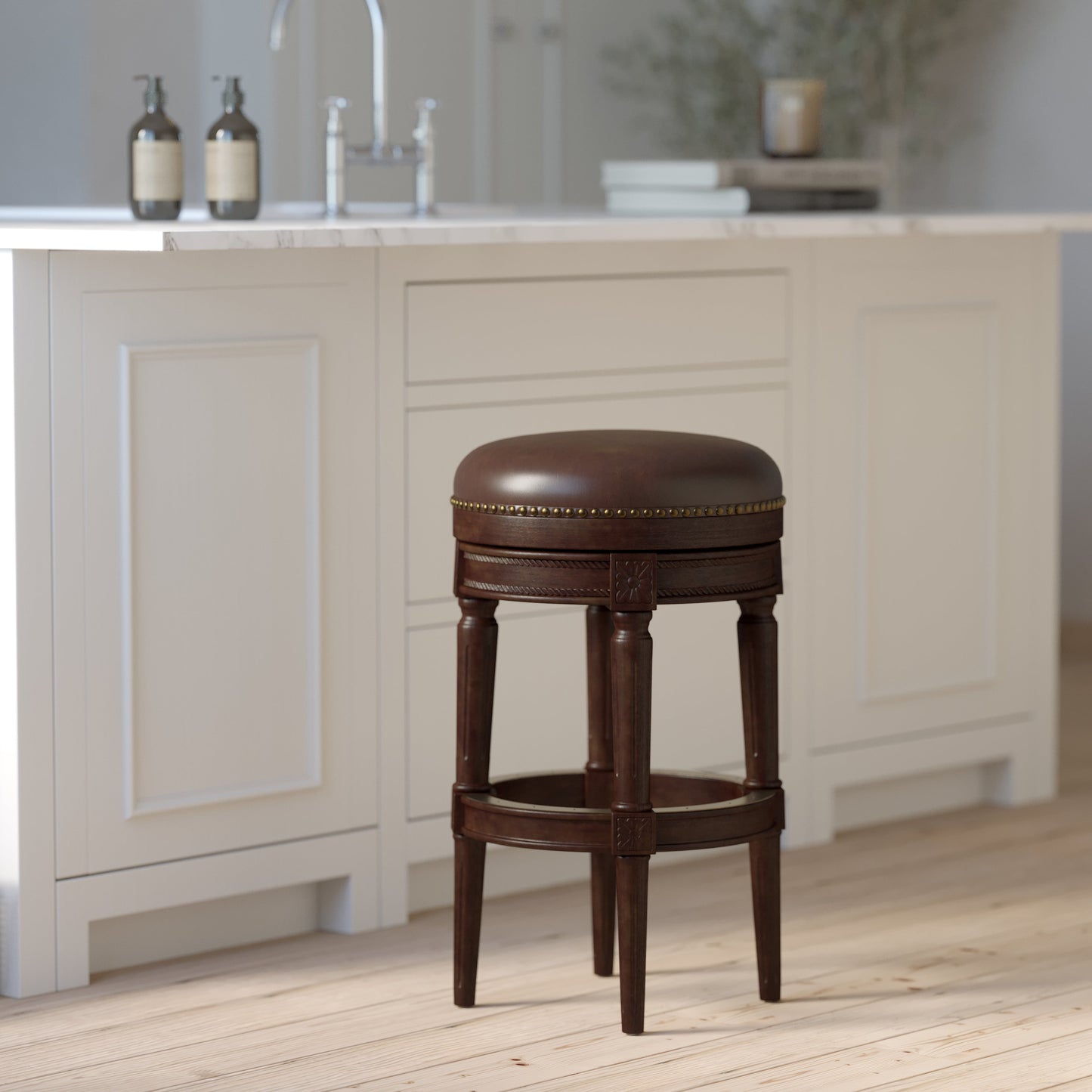 Backless Charlotte Barstool in Distressed Walnut showcasing solid wood construction and plush seating.