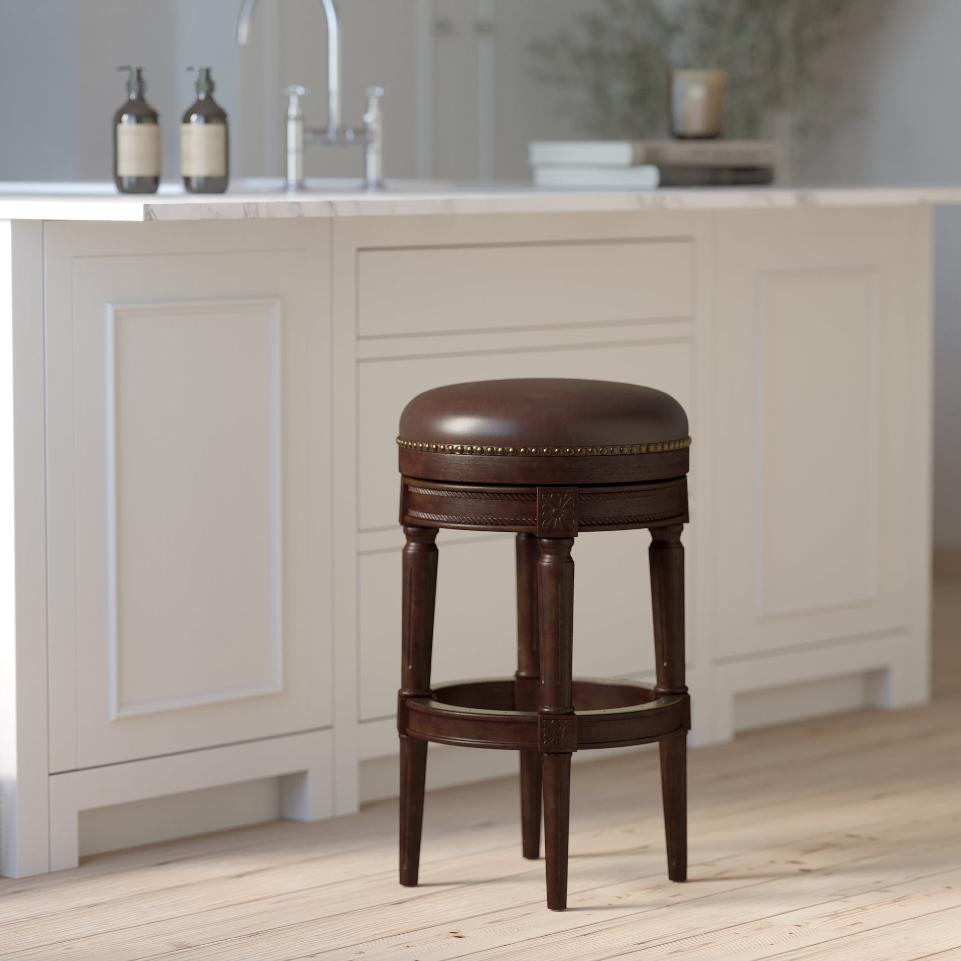 Backless Charlotte Barstool in Distressed Walnut showcasing solid wood construction and plush seating.