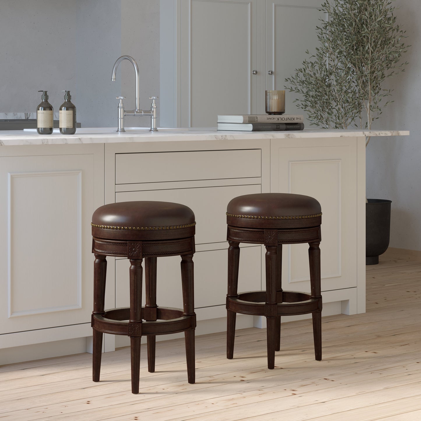 Backless Charlotte Barstool in Distressed Walnut set against a modern kitchen island with elegant decor.