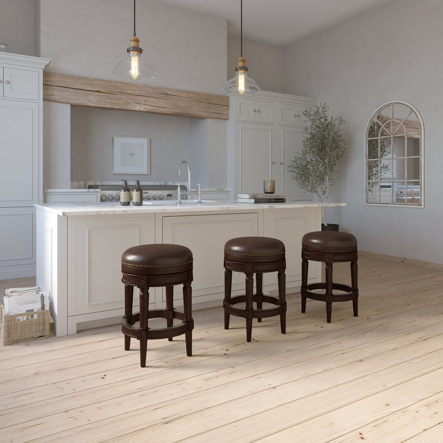 Backless Charlotte Barstool in Distressed Walnut showcased in a modern kitchen setting with wooden floors and pendant lights.