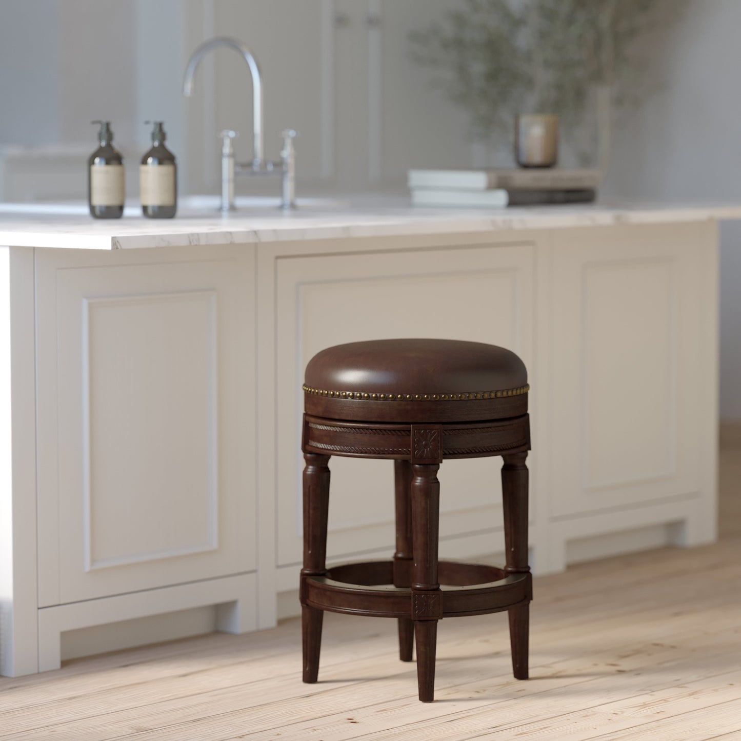 Backless Charlotte Barstool in Distressed Walnut with brown faux leather seat in a modern kitchen setting.
