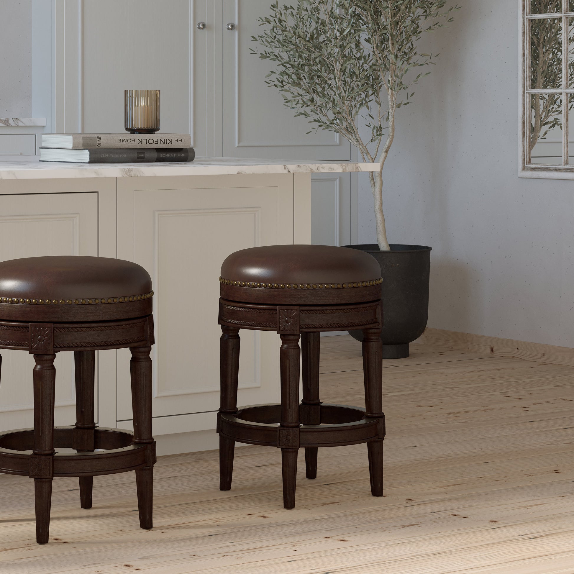 Backless Charlotte Barstool in Distressed Walnut with plush seating and elegant design in a modern kitchen setting.