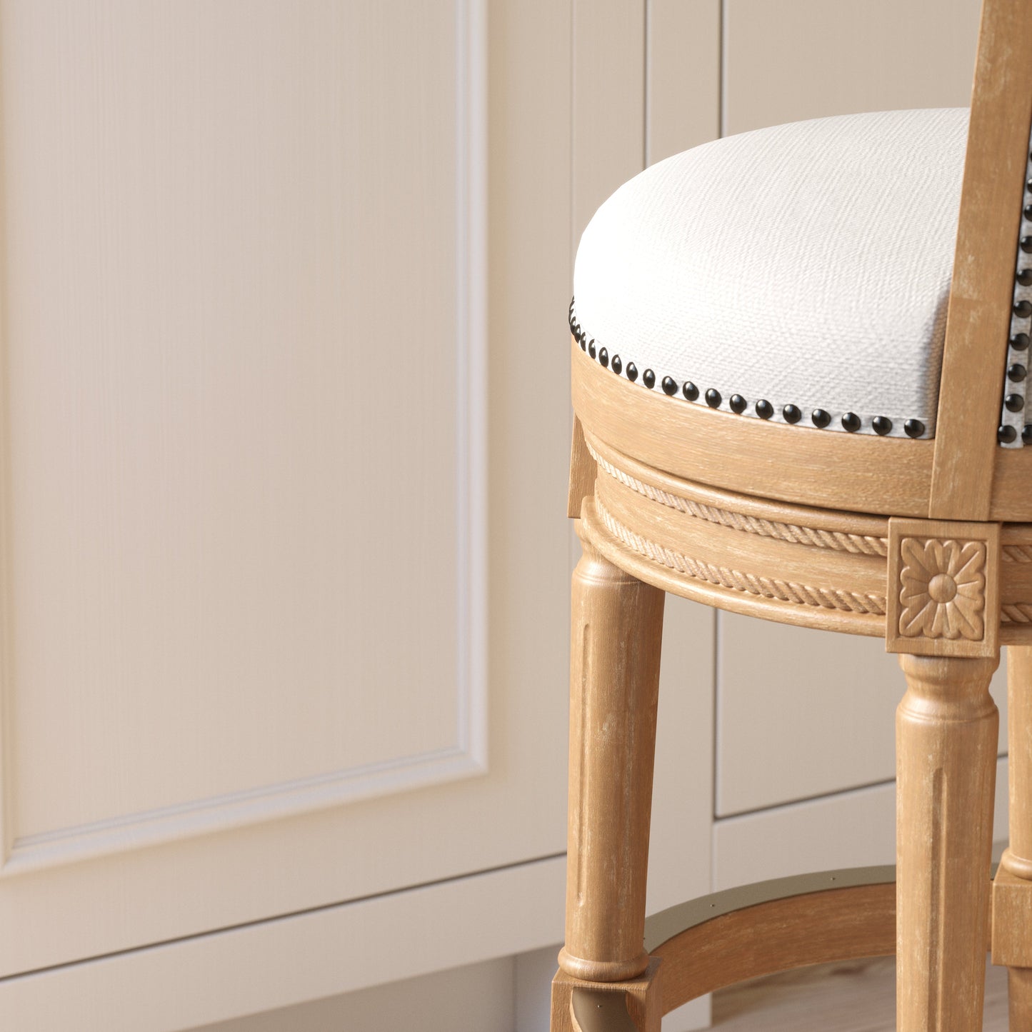 Charlotte Swivel Barstool in Weathered Oak with plush linen seat and decorative nail-head trim