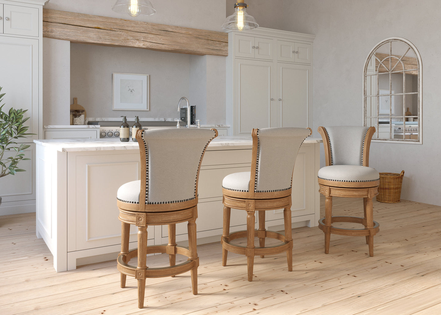 Charlotte Swivel Barstool in Weathered Oak at a stylish kitchen island