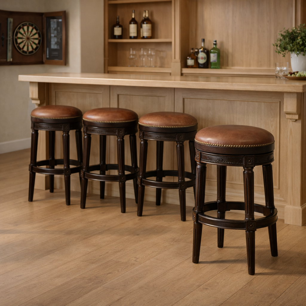 Backless Charlotte Swivel Barstool in Caramel displayed at a stylish wooden bar with a sleek design.