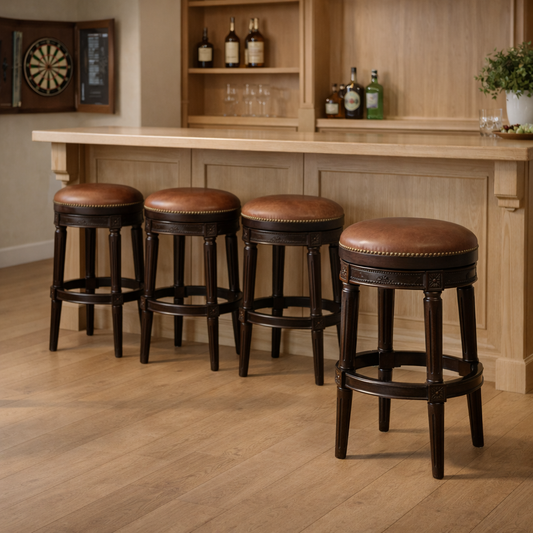 Backless Charlotte Swivel Barstool in Caramel displayed at a stylish wooden bar with a sleek design.