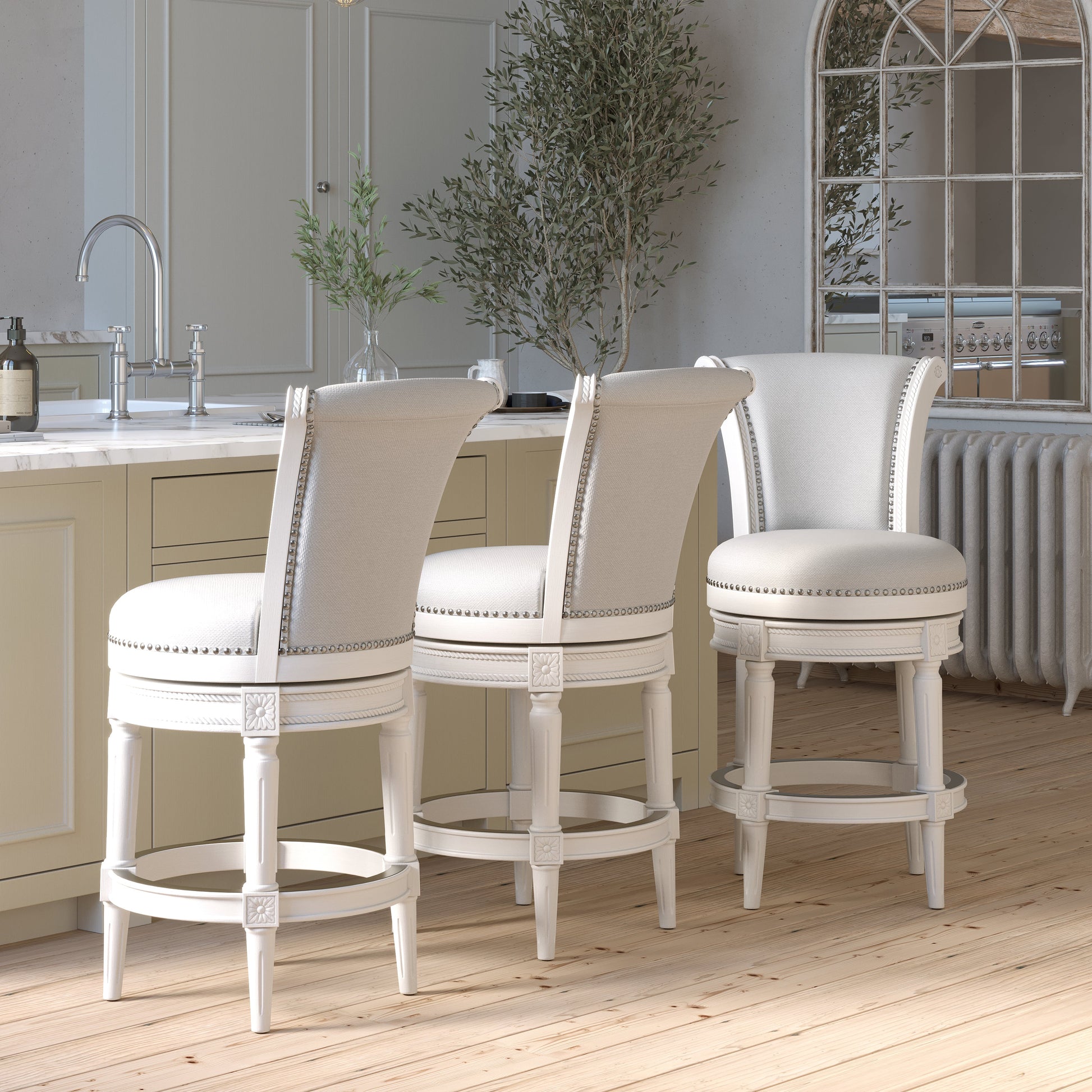Charlotte Swivel Barstool in White with Grey Fabric in a stylish kitchen setting.