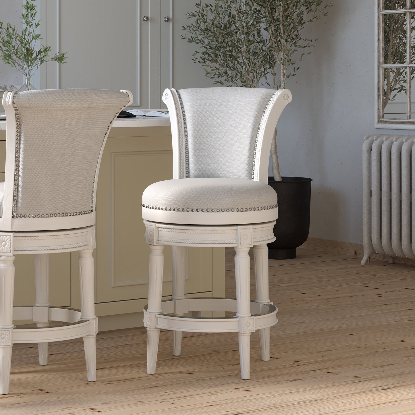 Charlotte Swivel Barstool in White with Grey Fabric, showcasing plush upholstery and elegant design in a modern kitchen setting.