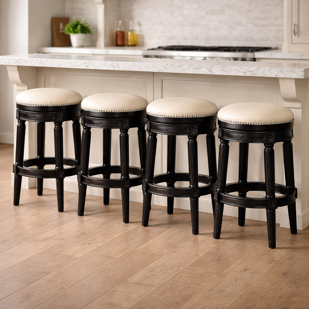 Backless Charlotte Swivel Barstool in Black and Ivory set against a kitchen island with granite countertop.