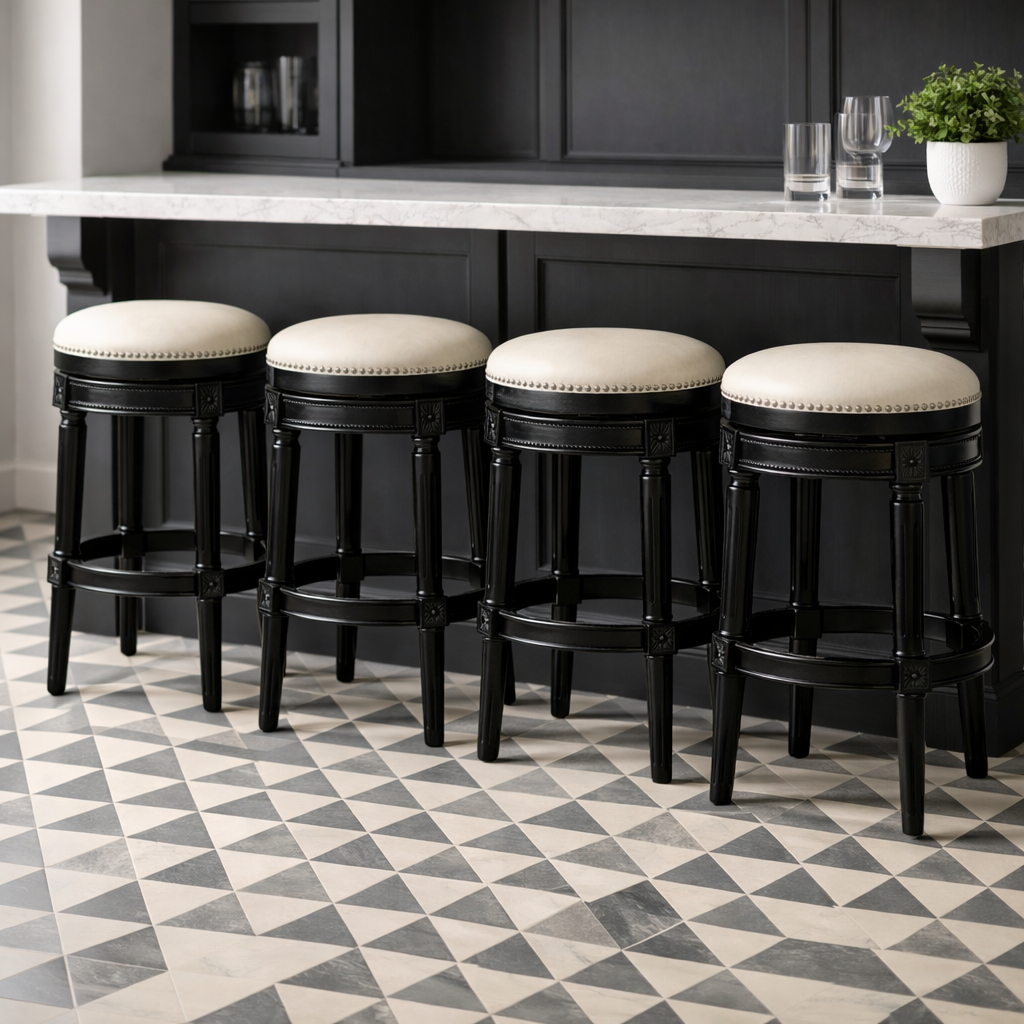 Backless Charlotte Swivel Barstool in Black and Ivory lined up at a marble counter with patterned flooring.