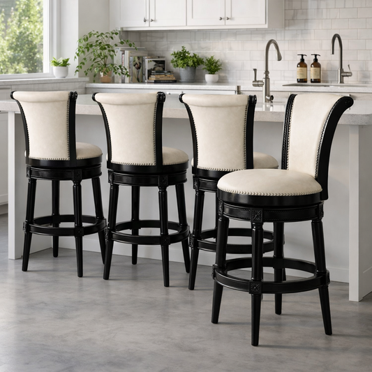 Charlotte Swivel Barstool in Black and Ivory set around a kitchen island with a modern design.