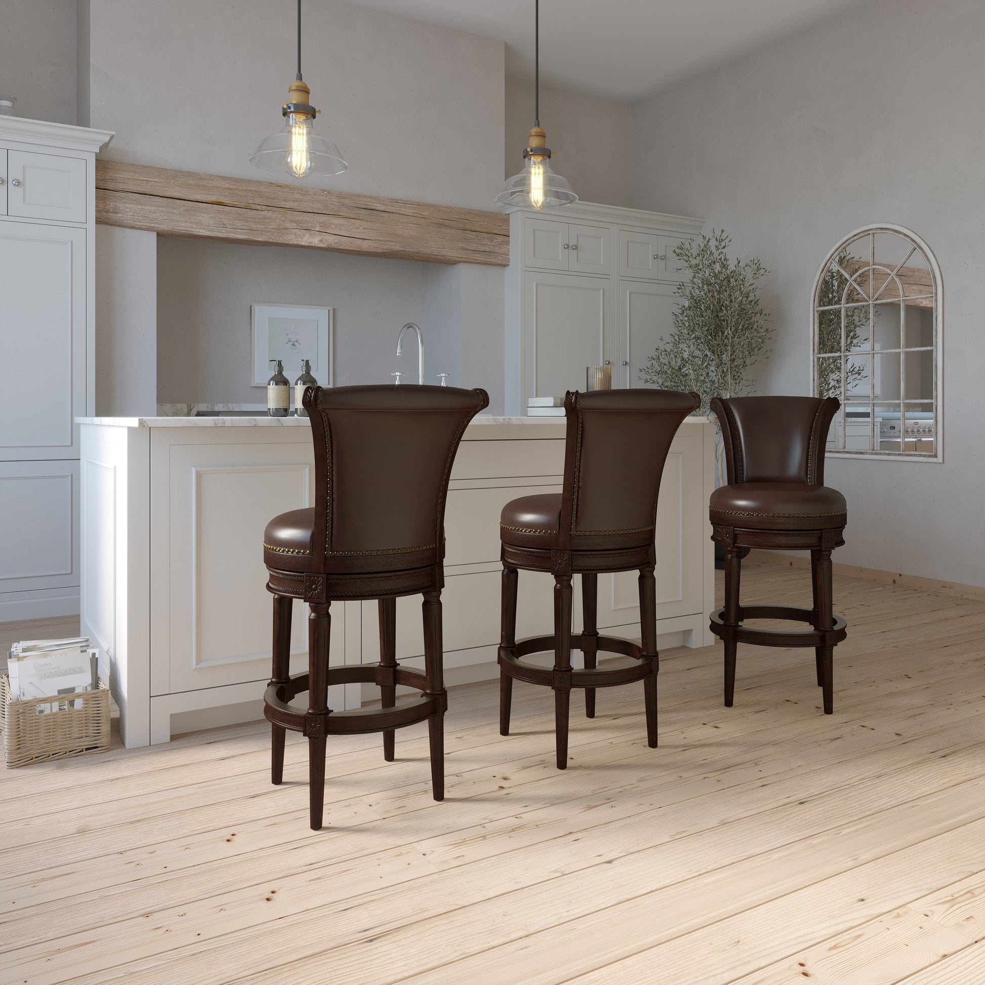 Charlotte Swivel Barstool in Distressed Walnut showcased in a stylish kitchen setting with three stools.