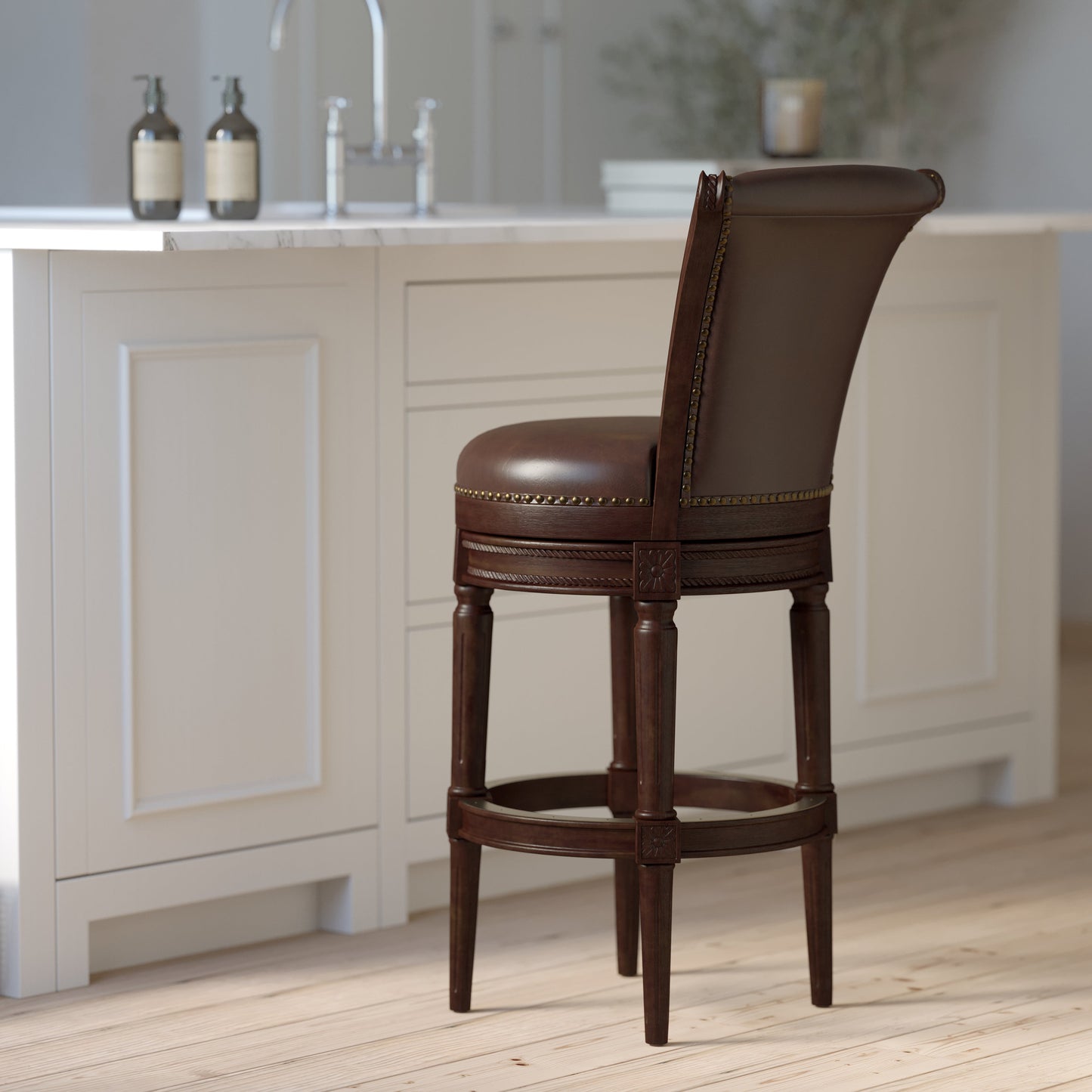 Charlotte Swivel Barstool in Distressed Walnut featuring dark brown faux leather seat and elegant design.