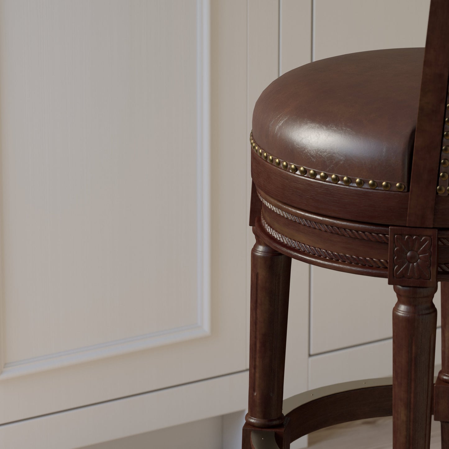 Charlotte Swivel Barstool in Distressed Walnut with plush seat and nail-head detailing.
