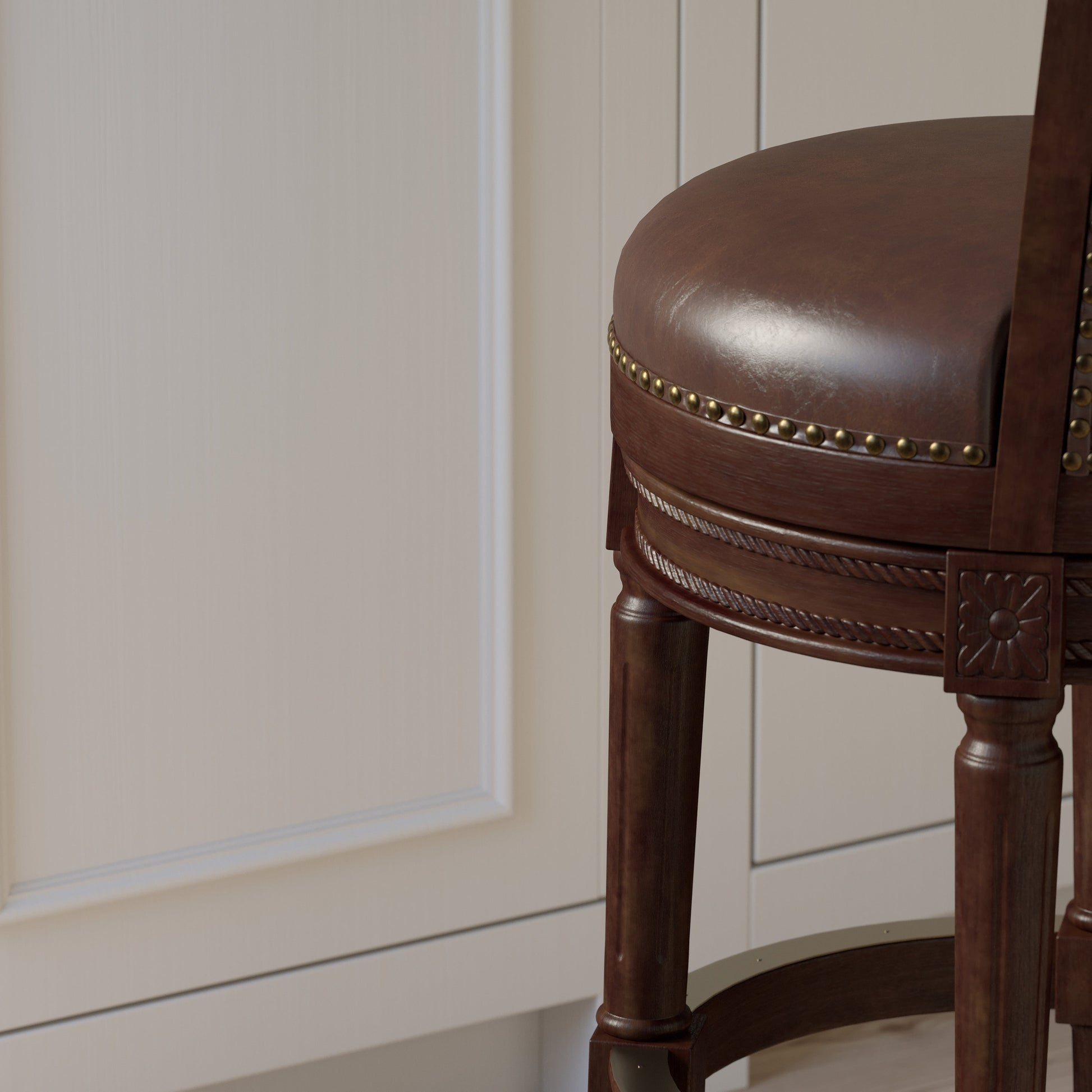 Charlotte Swivel Barstool in Distressed Walnut with plush seat and nail-head detailing.