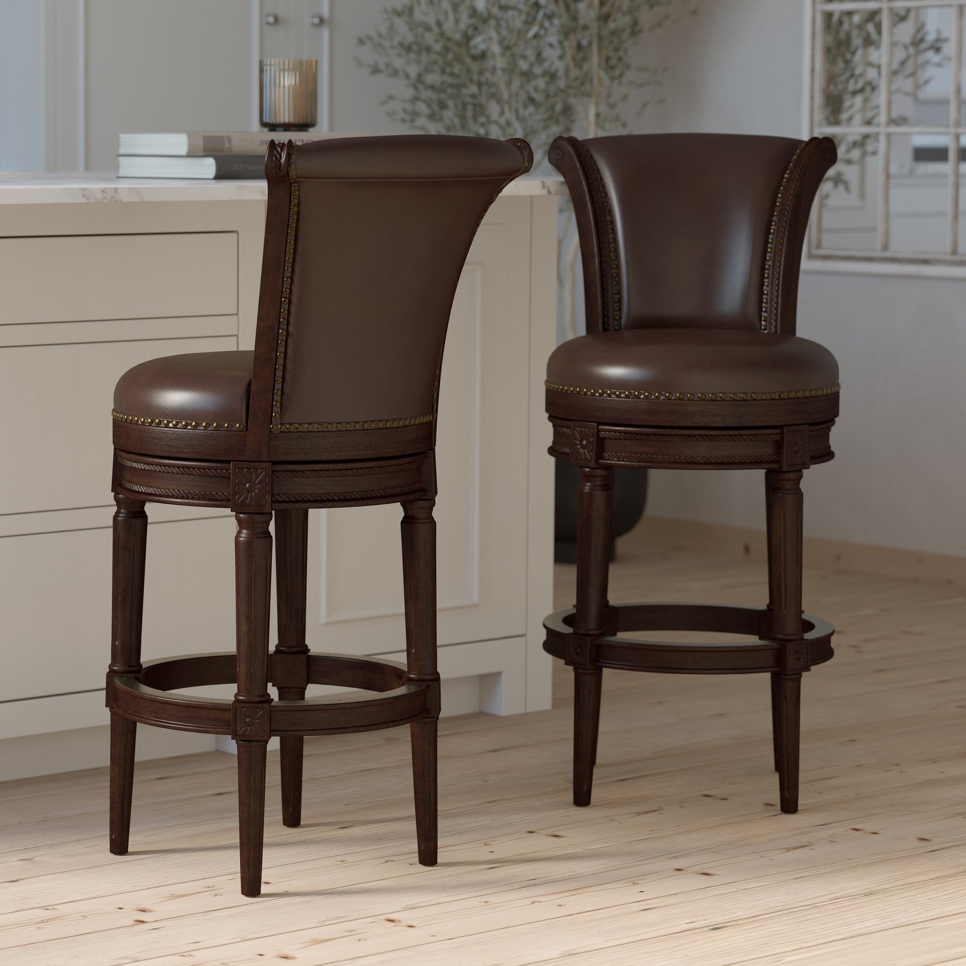Charlotte Swivel Barstool in Distressed Walnut featuring plush leather seats and elegant design.